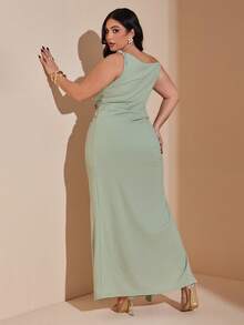 SHEIN BAE 大码女式绿色不对称肩部连衣裙 - 綠色 - 查看 2