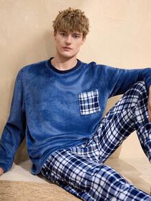 SHEIN Plaid Crew Neck Long Sleeve Fleece Pajama Set For Men - Blue - View 5