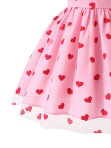 1pc Girls' Heart Flocked & Mesh Waist Cinched Dress, Suitable For Daily And Vacation Wear, Summer - Multicolor - View 5