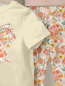 2pcs Baby Girls Loose Apricot Round Neck Short Sleeve T-Shirt + Floral Print Bowknot Leggings Set, Suitable For All Seasons, Casual Cute Outfit For Spring, Summer, Autumn, Winter 100 Cotton Baby Girl Outfit Baby Girl Princess Casual Pant Sets Toddler Sets Summer Baby Girl Summer Clothes Baby Girls Sets Baby Girls Two Piece Set - Apricot - View 4
