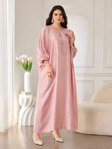 SHEIN Najma Đầm thời trang dáng rộng, tối giản, đính hạt cườm dành cho nữ - Hồng - Xem 5