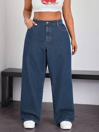 SHEIN ICON 大码女式休闲高腰宽松阔腿牛仔裤，适合日常通勤