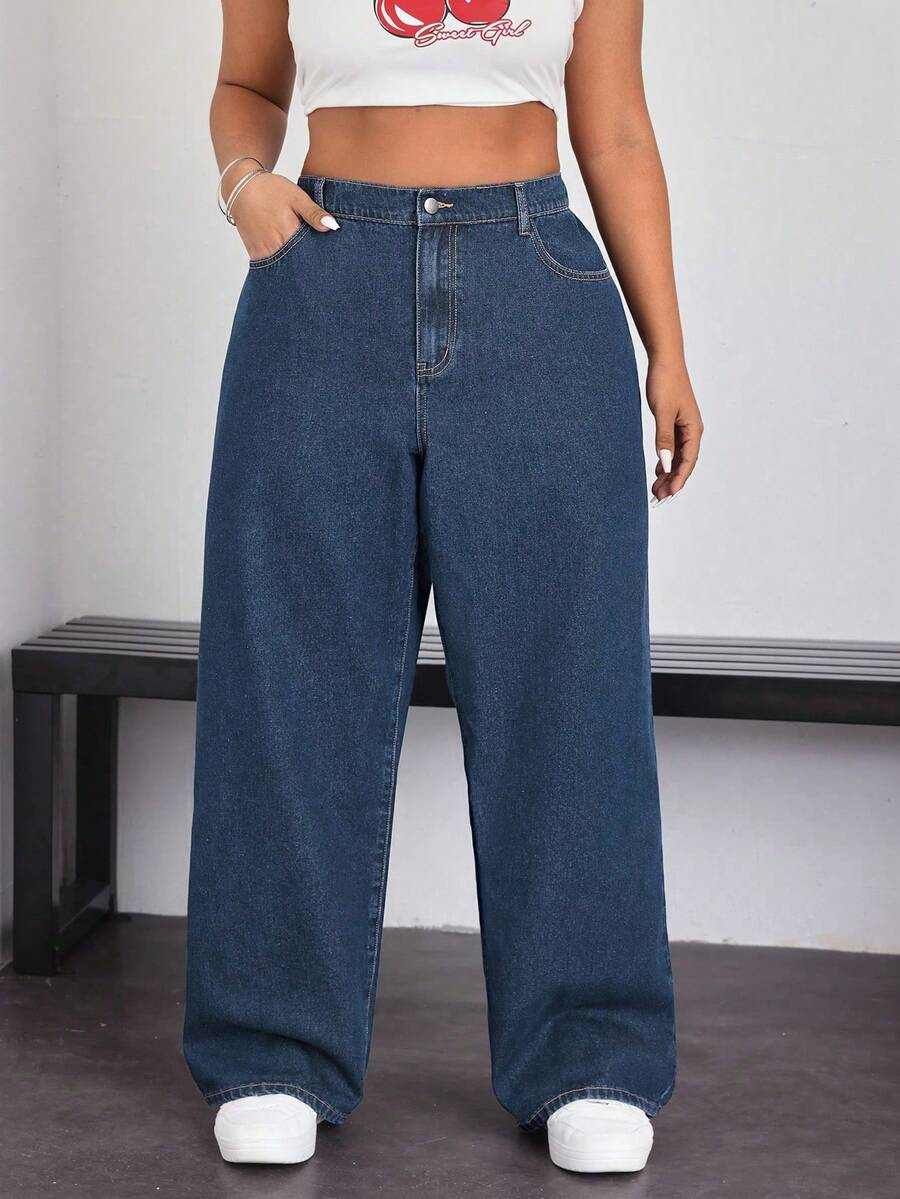 SHEIN EZwear 大码女式休闲高腰宽松阔腿牛仔裤，适合日常通勤 - 霧霾藍 - 查看 1