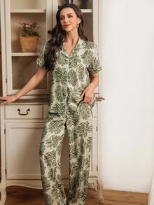 SHEIN Bubble Wrinkle Coconut Leaf Print Short Sleeve Pajama Set - Multicolor - View 6