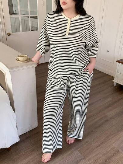 Dazy Plus 两件套加大码女士休闲条纹睡衣套装，宽松短袖半开领上衣搭配直筒裤，春秋季