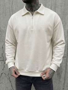 Manfinity VCAY Sweat-shirt décontracté pour homme, col à revers, demi-zip, épaules tombantes, coupe ample, couleur unie, idéal pour les trajets quotidiens, printemps/automne - Nude - Voir 3