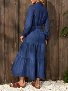 EMERY ROSE 女士翻领单排扣腰带设计袖口牛仔伞裙 - 藍色 - 查看 2