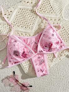 Bonvoyette 夏季新款香槟色纯色高端刺绣亮片闪亮病毒式派对下午茶聚会支撑高衩侧系带比基尼两件式泳衣女款 - 粉色 - 查看 2