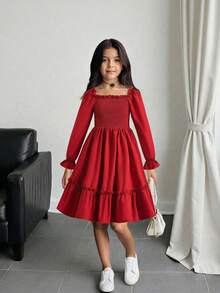Robe de soirée en mousseline de soie rouge avec nœud papillon au dos, col en V et manches bouffantes, élégante pour les filles, convient pour les célébrations du Nouvel An - Rouge foncé - Voir 4
