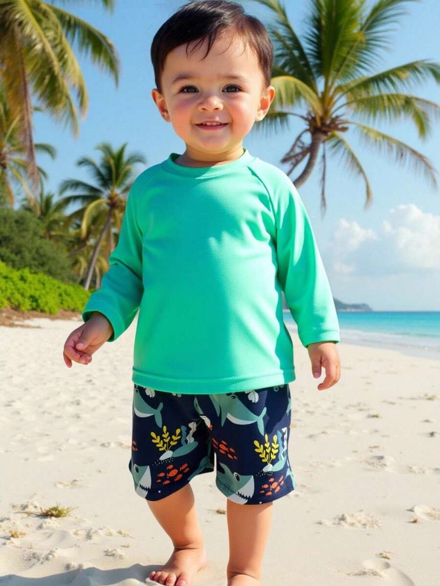 可爱长袖鲨鱼印花泳衣套装，适合幼儿男童