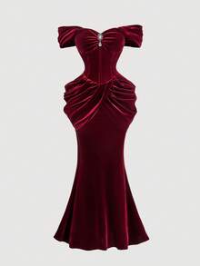 SHEIN MOD 女士酒红色复古优雅褶皱修身派对连衣裙，节日礼服，连衣裙，新年装扮 - 酒紅色 - 查看 2