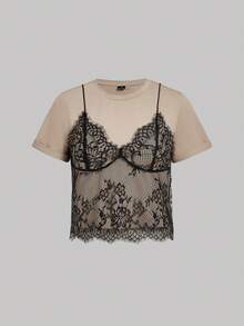 SHEIN MOD 2pcs Summer White And Brown Casual Lace Spliced Round Neck Short Sleeve T-Shirt (2 In 1),Crop Top White Top Y2k Clothes Y2K Top Summer Tops Crop Top Graphic Sleeveless Graphic Tee Lace Tops Date Night Tops See Through Tops - Multicolor - View 5