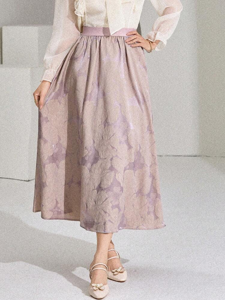 Women's Floral Jacquard Elastic Waist Pleated Elegant Skirt