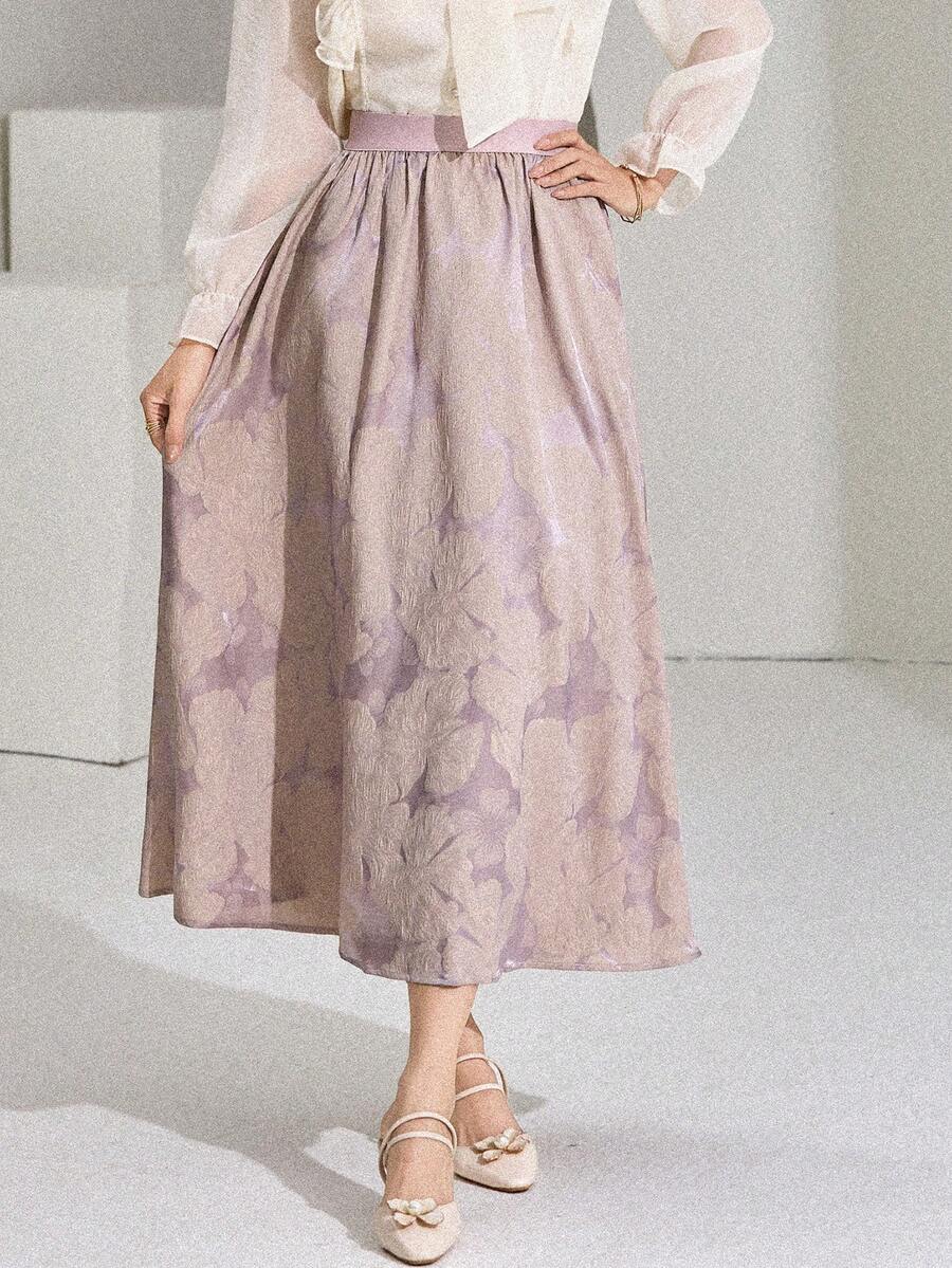 DAZY Women's Floral Jacquard Elastic Waist Pleated Elegant Skirt - Purple - View 1
