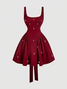 SHEIN MOD 女士复古丝绒红色连衣裙，派对礼服，情人节礼服 - 酒紅色 - 查看 2