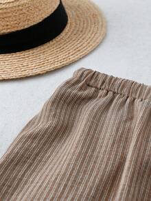 SHEIN LUNE 女士宽松条纹印花阔腿裤，时尚宽松长裤，适合大码女性，秋季款 - 棕色 - 查看 4