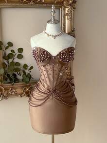 Lovelzi 优雅棕色无肩带串珠链条装饰针织派对礼服 - 棕色 - 查看 6