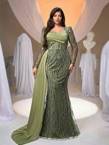 Glamrae Plus Size Sage Green Elegant Spring Wedding Dress, Asymmetric Neckline Sequin & Mesh Mermaid Evening Gown With Side Drape For Party Events - Green - View 3