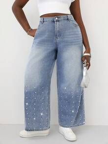 Slaydiva Quần jeans cỡ lớn, kiểu dáng thường ngày, đã qua xử lý, đính đá lấp lánh. - Màu xanh lam - Xem 7