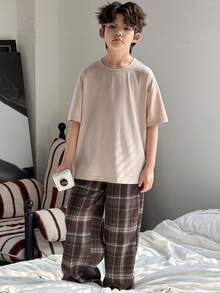 DAZY Tween Boy Solid Color Crew Neck Short Sleeve Top And Plaid Print Pants Pajama Set Spring Summer - Apricot - View 5