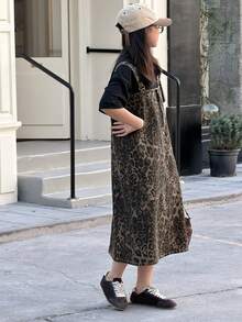 DAZY Girls Leopard Print Denim Jumper Dress - Brown - View 6
