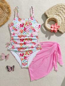 SHEIN Tween Girl Ditsy Floral One-Piece Swimsuit With Beach Skirt - Baby Pink - View 6