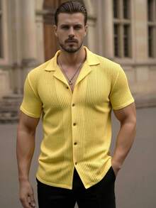 HIMLAND 男士纯色短袖单排扣休闲衬衫 - 黃色 - 查看 4