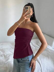 SHEIN EZwear 女士纯色酒红色褶皱下摆抹胸上衣 - 日常休闲装，情人节服装 - 酒紅色 - 查看 3
