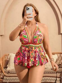 Swim Lushoire Bộ bikini hai mảnh cỡ lớn dành cho nữ, họa tiết hoa điều, thời trang, thoải mái, cổ chữ V sâu, kiểu yếm, cạp cao, tam giác, thích hợp cho kỳ nghỉ hoặc du lịch. - Nhiều màu - Xem 5