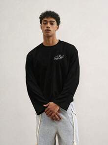 TOKVUE 男士休闲樱花标语套头T恤，春季版 - 黑色 - 查看 2