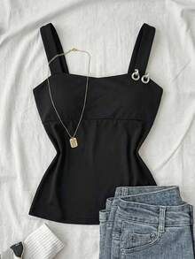 Teen Girls Knit Solid Black Body Fit Tank Top SHEIN Teen Girls Basic Casual All-Match Black Tank Top With Deep U-Neck, Girls Tank Tops & Cami, Summer Streetwear Casual Fitted Tank Tops - Black - View 3