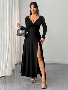 SHEIN PETITE 女士黑色优雅纯色V领高弹修身长袖派对连衣裙，百搭时尚设计，开衩裙摆，适合约会/派对/夜店/街头/万圣节/情人节/生日等场合，也可作为婚礼宾客礼服、优雅连衣裙或乡村音乐会服装。 - 黑色 - 查看 4