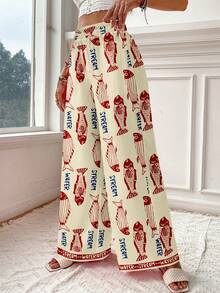 SHEIN VCAY Quần ống rộng dáng suông họa tiết cá đỏ cổ điển dành cho nữ, thích hợp cho mùa hè và kỳ nghỉ. - Nhiều màu - Xem 6