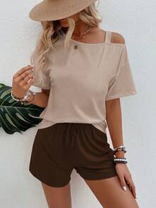 EMERY ROSE Women's Spring/Summer New Oblique Shoulder Pullover Top And Contrasting Color Shorts 2 Pieces Set, Casual And Versatile - Multicolor - View 6
