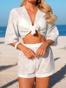 Swim Vcay 女士刺绣系带露脐上衣和短裤套装，性感甜美高端度假沙滩装，V领七分袖 - 白色 - 查看 3