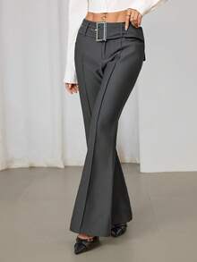 SHEIN PETITE 返校季灰色弹力斜纹纯色条纹喇叭休闲裤，商务休闲女装，复古风格女装，办公室女装，旅行机场休闲裤，秋季女装知性长裤 - 灰色 - 查看 9