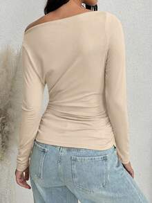 SHEIN Áo thun dài tay ôm dáng, màu trơn, xếp ly, vai lệch, dành cho bà bầu. - Màu be - Xem 2