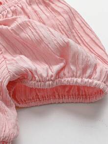 Olithes Off Shoulder Frilled Shirred Waist Puff Sleeve Layered Hem Milkmaid Dress Vacation Beach Outfits Women Summer Dresses For Women Tiered Hem Dress Off Shoulder Summer Dress Feminine Dress Smocked Women Dress - Pink - View 4