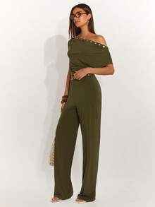 SHEIN BAE 女士纯色亮片装饰不对称肩部时尚百搭约会之夜蝙蝠袖T恤 - 軍綠色 - 查看 3