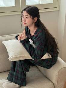 Dazy Kids 少女格子印花纽扣长袖上衣和裤子睡衣套装 - 綠色 - 查看 2