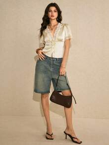 Poéselle Elegant Pale Yellow V Neck Blouse With Lace Trim And Short Puff Sleeves Semi-Sheer Woven Top - Pale Yellow - View 2