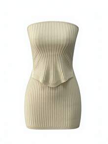 Women's Solid Color Tube Top And Mini Skirt Casual/Holiday Knitted Sweater 2 Pieces Set - Apricot - View 1