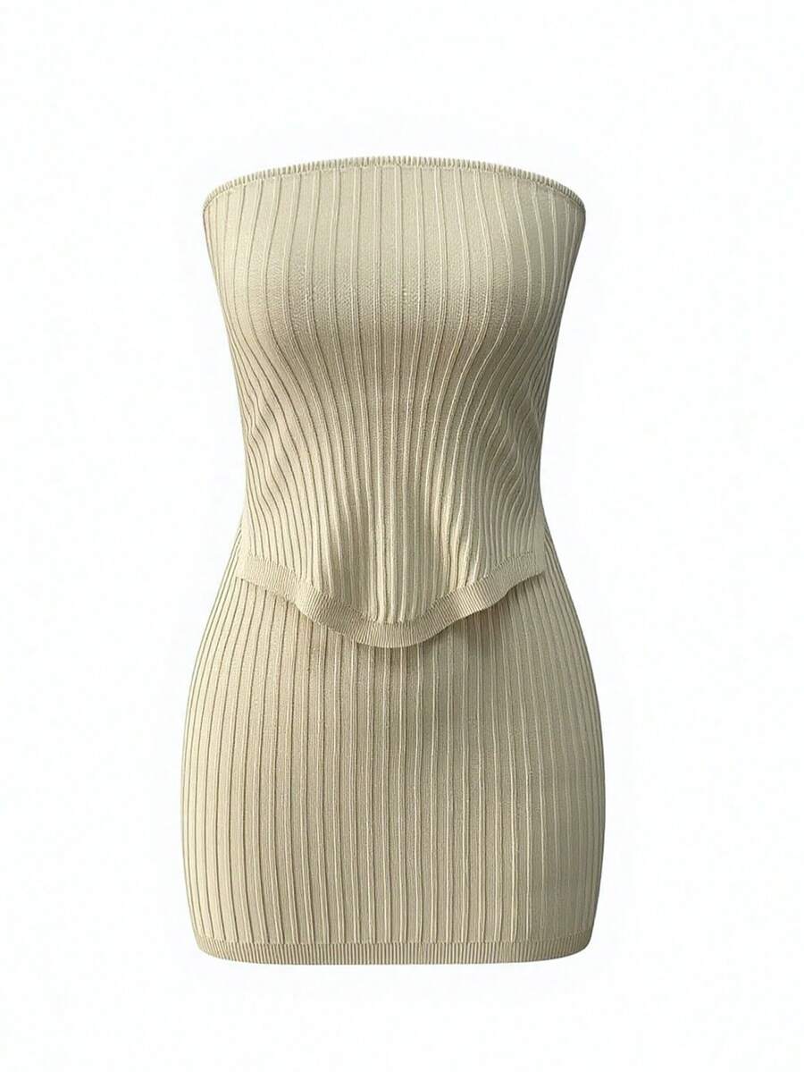 Women's Solid Color Tube Top And Mini Skirt Casual/Holiday Knitted Sweater 2 Pieces Set - Apricot - View 1
