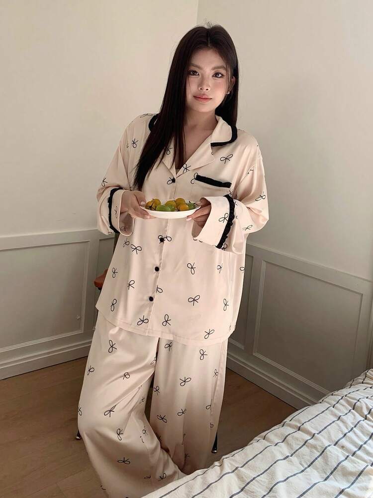 Dazy Plus Bowknot Floral Print Loose Top And Straight Leg Pajama Pants Set, Plus Size Women Sleepwear, Spring/Autumn