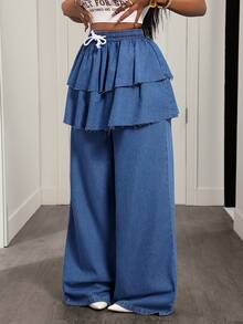 Slaydiva Pantalones vaqueros anchos casuales de 2 en 1 con volantes y lazo de unicolor - Azul lavado medio - Ver 3