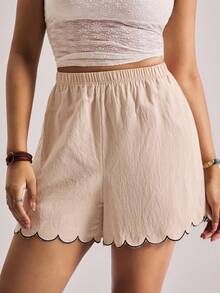 Freevana Plus Size Apricot Casual Short Woven Fabric Scallop Trim Track Shorts - Apricot - View 4