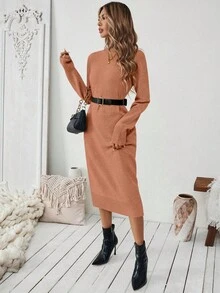 SHEIN LUNE Women's Pink Straight Simple Versatile Sweater Dress Autumn Dress Turtle Neck Dress Long Sleeve Midi Dress Casual Midi Dress - Pink - View 5