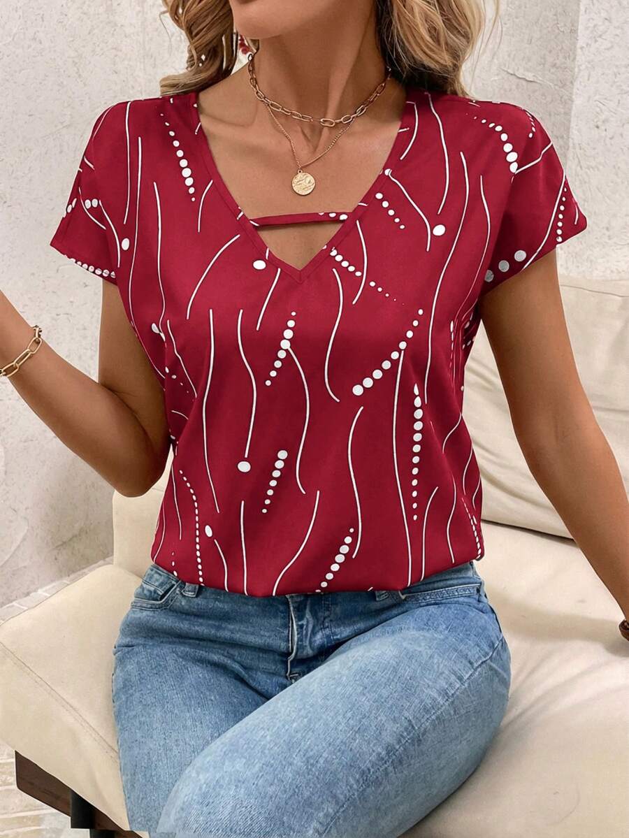 SHEIN Clasi 女士镂空印花休闲短袖上衣 - 紅色 - 查看 1