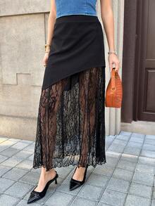 Solivie Women's Elegant Commuter Lace Patchwork Skirt - Black - View 3