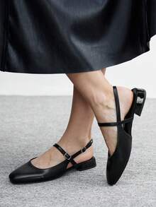 CUCCOO BIZCHIC 女士方头粗跟平底黑色舒适简约通勤平底玛丽珍无后跟套脚鞋，适合日常穿着和工作，圣诞节也适用 - 黑色 - 查看 7